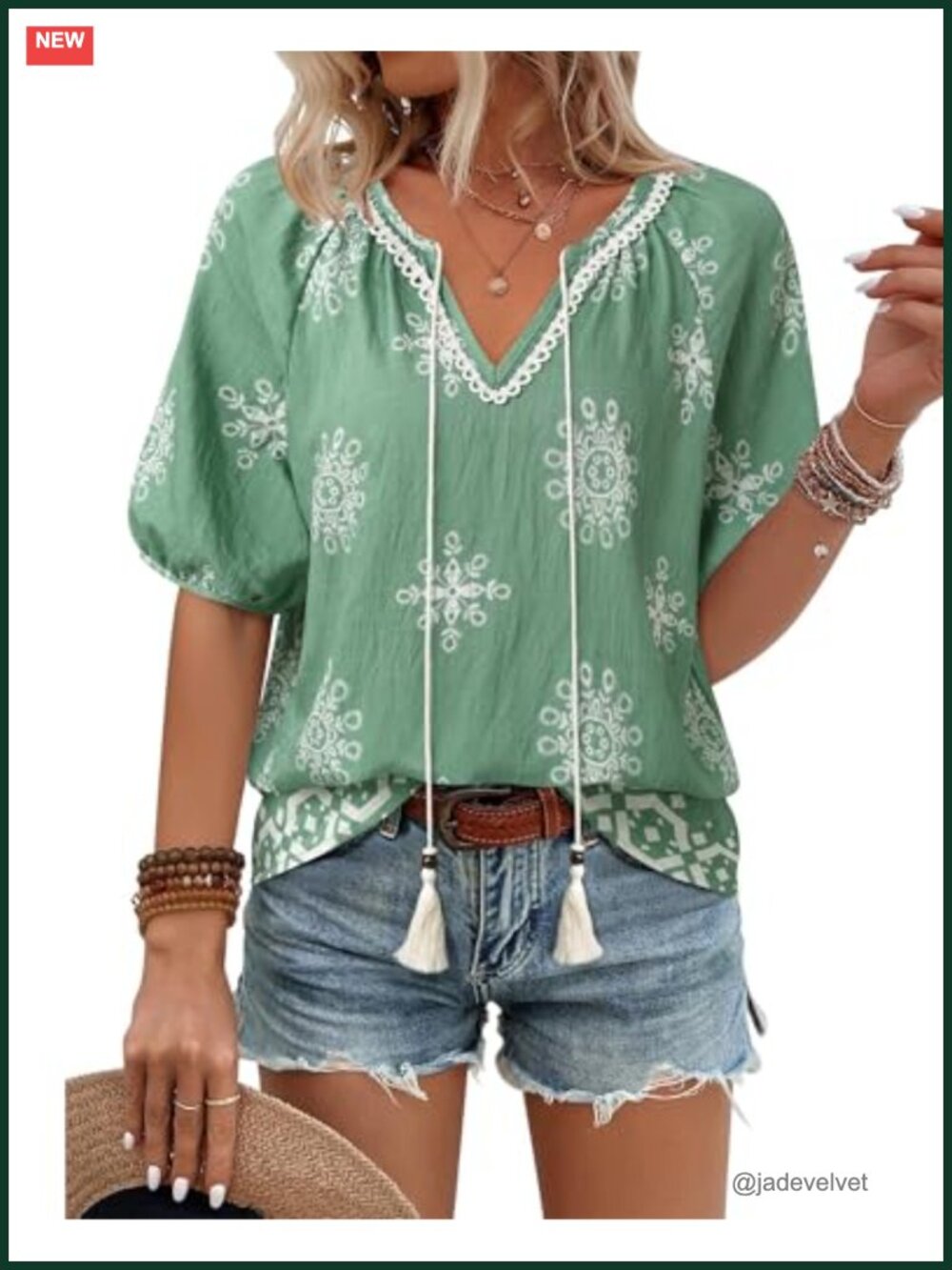 Women's Boho Floral Puff Sleeve Blouse Tie Front V-Neck Casual